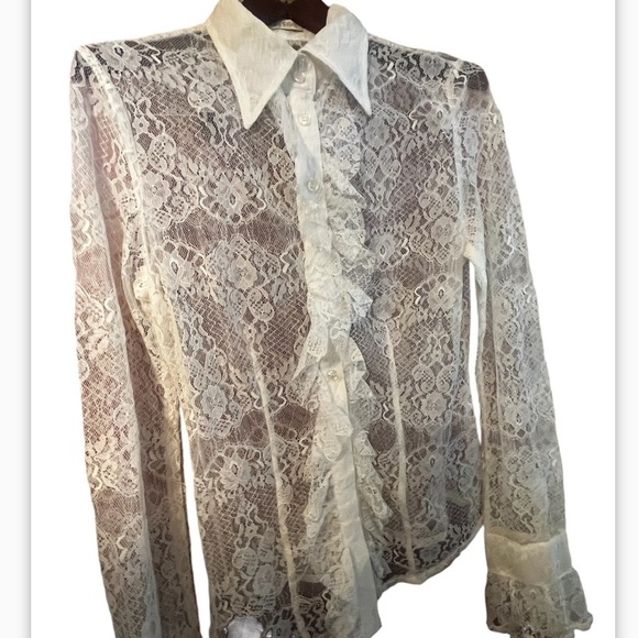Vintage Sans Souci White Sheer Lace Blouse Sz L /G Classics BOHO Long sleeve - Picture 5 of 7